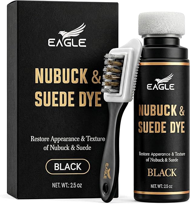 Eagle Nubuck & Suede Dye Black with Applicator & 3-Way Suede Brush - Suede Color Restorer for Shoes, Boots, Jackets, Purses & More - Black Suede Dye & Conditioner