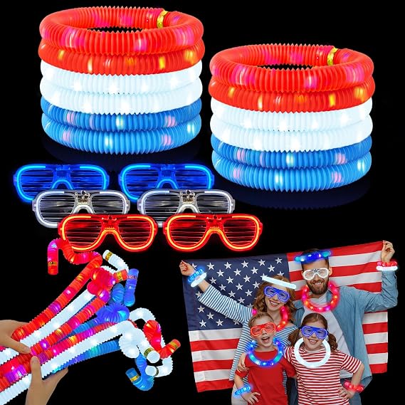 4th of July Red White Blue Glow Sticks & Glasses 12 PCS,Fourth of July Light up Necklace Bracelet Accessories for Toddler,250th Anniversary Patriotic Party Favor Supplies Decorations Toy Gift for Kids