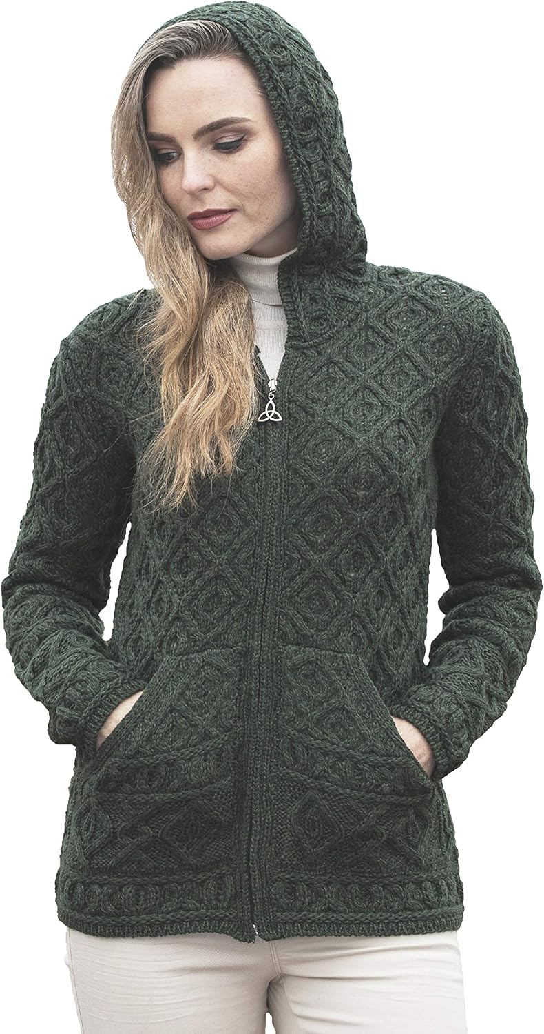 Aran Crafts Women's Soft Cable Knit Honeycomb Hood Cardigan (100% Merino Wool)