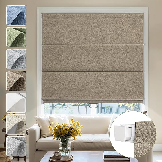 No Drill Roman Blinds for Windows Blackout Cordless Linen Roman Shades Elegant Fabric Shades for Indoor Windows,Thermal Insulated Tension Blinds for Bedroom Home (Sandy Brown,Custom Size)