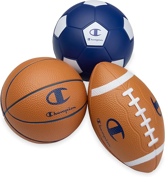 Champion Multi-Sport Foam Ball Set for Kids (3-Pack), Soft PU Mini Soccer, Basketball & Football, with Durable Foam Build, Safe for Backyard, Playground, School, and Indoor Play