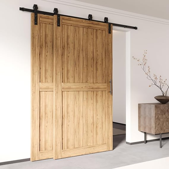 Black Rustic Single Track Bypass Sliding Barn Door Hardware Kit, for Two/Double Doors, 5ft Long Flat Track, Classic Design Roller,