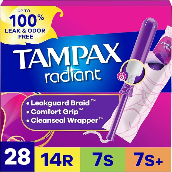 Tampax Radiant Tampons for Women Multipack, with LeakGuard Braid, Regular/Super/Super Plus Absorbency, Unscented, 28 Count, Packaging May Vary