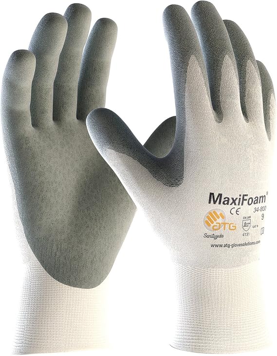 Protective Industrial Products Small MaxiFoam By ATG Gray Nitrile Palm And Finger Coated Work Gloves With Nylon Liner And Continuous Knit Wrist, white/gray (34-800-S)