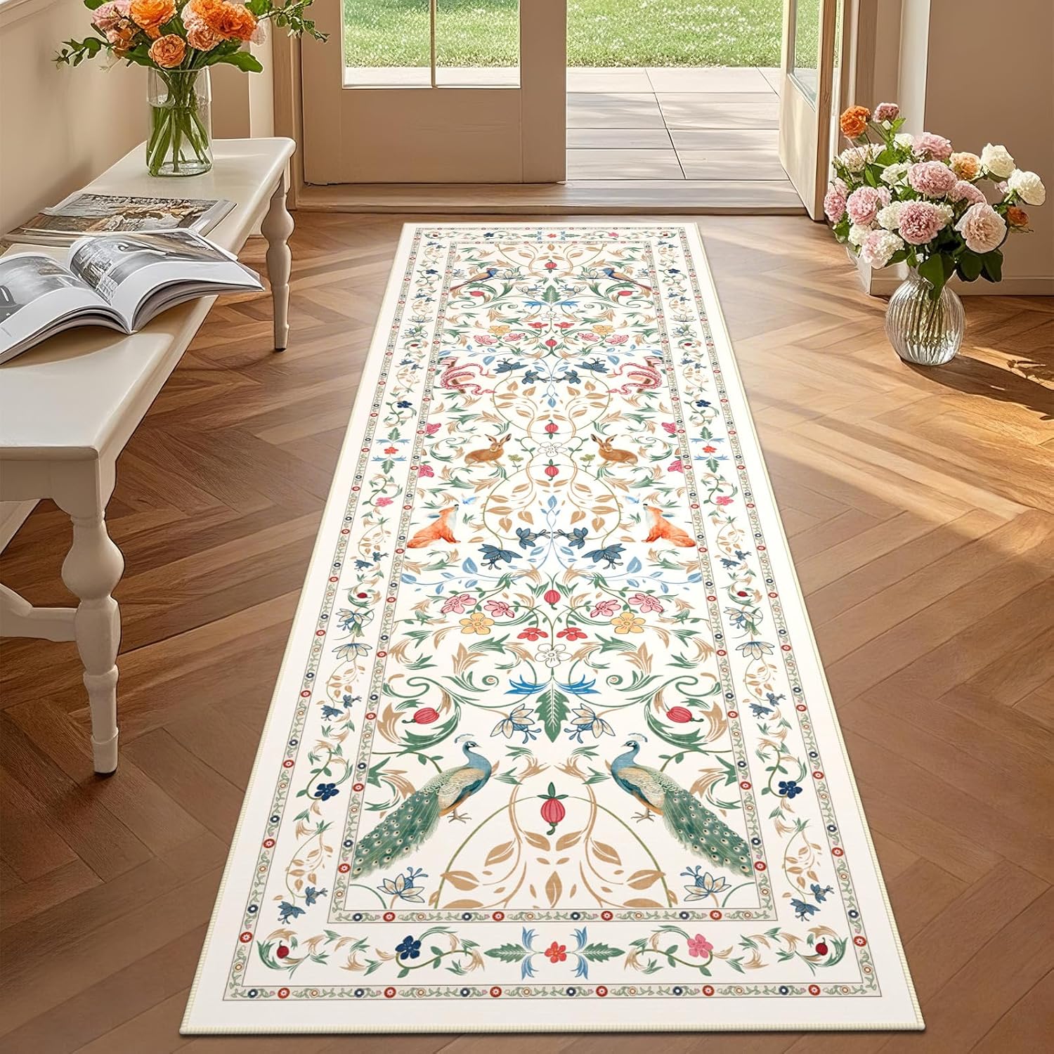 Runner Rugs for Hallway Non Slip 60x180cm, Beige White Animal Washable Kitchen Carpet Runner, Boho Forest Floral Long Hall Rug for Entryway Bedroom Laundry Living Room, Low Pile Non Shedding