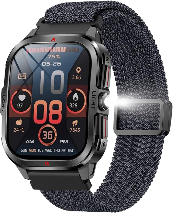 Curved Display Smart Watch for Men Smart Watches with Heart Rate Monitor Sleep Tracker Bluetooth Calling Message Notifications Fitness Tracker Calories Step Counter Flashlight Waterproof Wristwatch