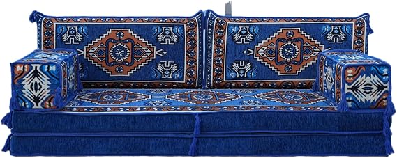 arabicsofa 8 Inch Thick Royal Blue Arabic Floor Cushion Handmade Modular Majlis Seating with Backrest Pillows