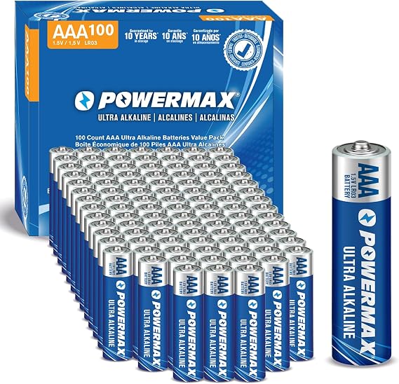Powermax 100-Count Triple AAA Batteries, Ultra Long Lasting Alkaline Battery for Home and Office, 10-Year Shelf Life, Reclosable Packaging