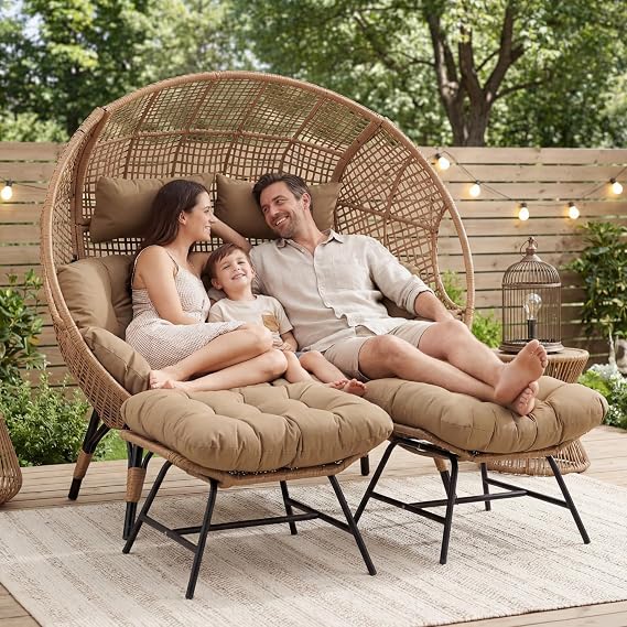 2 Person Egg Chair Indoor Outdoor Stationary Wicker Large Egg Seating Large Egg Basket Lounge Chair with Ottoman Footrest for Patio Balcony Porch Tan Color