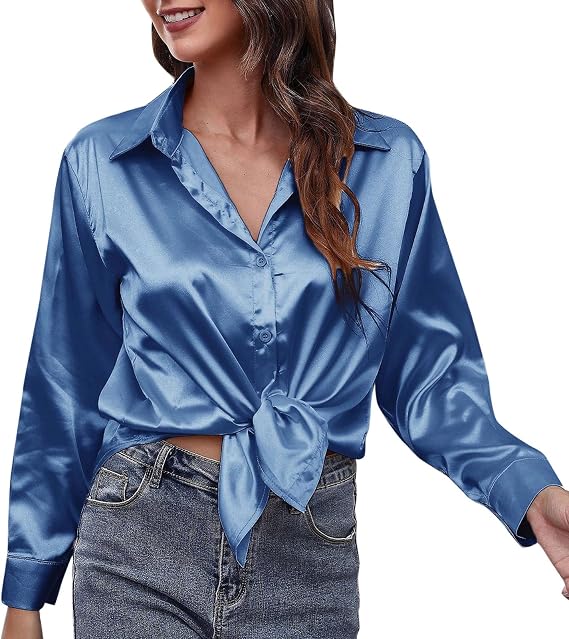 Damen Satin Blusen Hemdbluse Hemd Basic Elegant OL Work Langarm Formelle Hemden Tunika Bluse mit Knöpfen