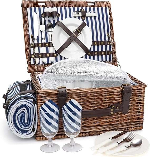 INNO STAGE Picnic Basket for 2 Person with Cooler and Blanket | Classical Wicker, Waterproof & Sand-Proof Beach Mat, Willow Hamper Service Set, Gift