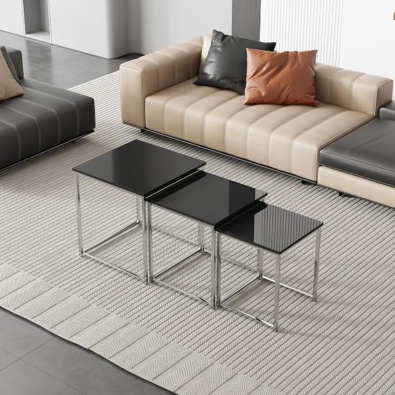 3pcs Square Sofa Side End Table for Living Room, Nesting Tables Set of 3 Small Coffee Table Nested Set, High-Gloss Tabletop, Chrome Frame (Black)
