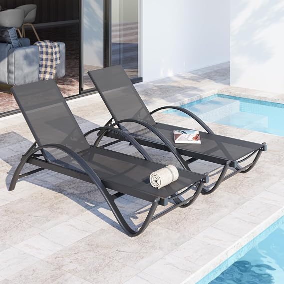 JY QAQA 2PCS Patio Outdoor Lounge Chaise with Wheels, Aluminum Patio Lounge Chair with 5-Position Adjustable Positions for Poolside, Beach, Yard,Dark Grey