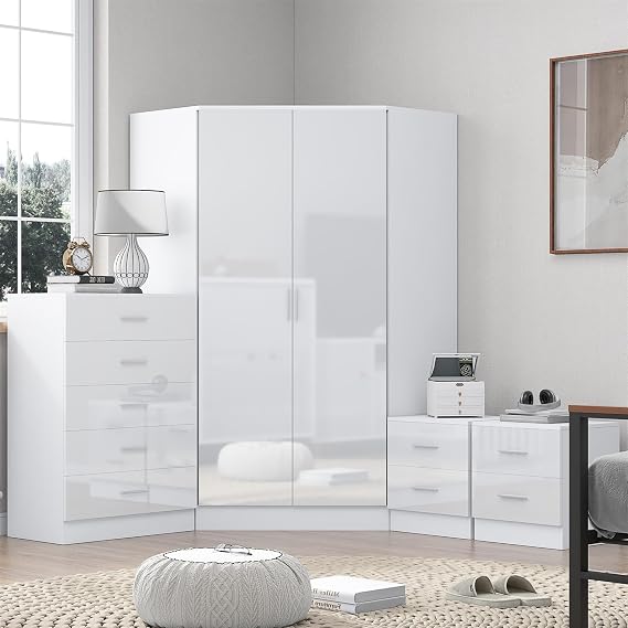 Reflect 2 Door Corner Wardrobe, 5 Drawer Tallboy Chest, 2x 2 Drawer Bedside Tables | White Gloss & Matt White Finish | Modern Bedroom Furniture Set