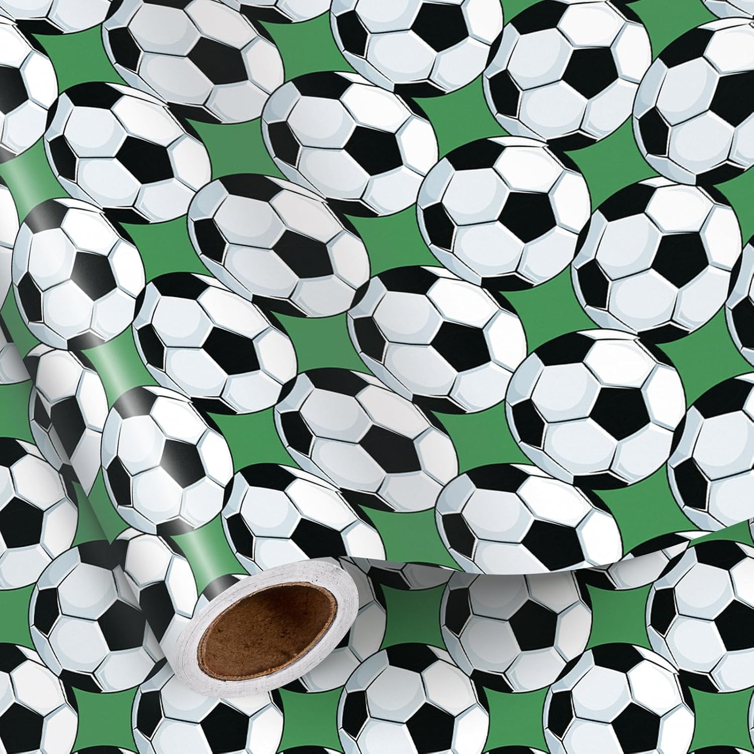 RUSPEPA Soccer Ball Wrapping Paper Roll for Boys, Mini Roll, Classic Football Pattern on Green Grass Background Gift Wrap for Sports Birthday, Game Day Party, 43.2cm x 5m