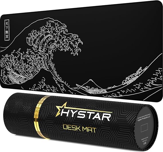 Hystar Extended Gaming Mouse Pad | XXL 36" x 16" | 5mm Thick, Waterproof Surface, Smooth Polyester Fabric, and Natural Rubber Base | The Great Wave (Black)