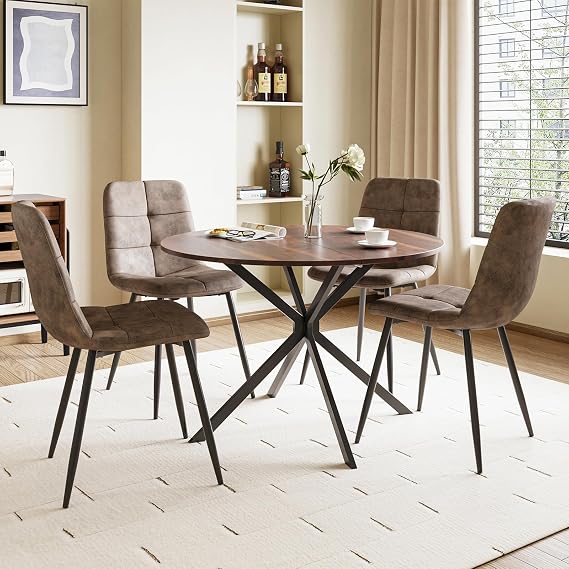 Round Dining Table and Chairs Set 4, 100cm Dark Wood Folding Table with 4 Brown Upholstered PU Leather Chairs for Dining Room, Kitchen