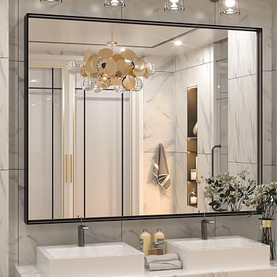 Keonjinn Large Black Bathroom Mirror 48 x 40 Inch, Bathroom Vanity Mirror for Wall, Oversized Metal Framed Mirrors for Over Sink, Rectangle Square Corner Framed Farmhouse MirrorsHorizontalVertical