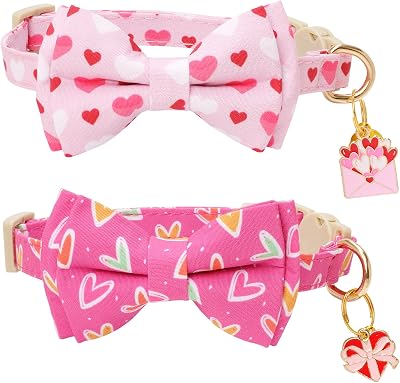 Faygarsle 2 Pack Breakaway Cat Collar with Bow and Bell, Heart Pattern, Pink, Adjustable Safety Buckle, Valentines Day Theme