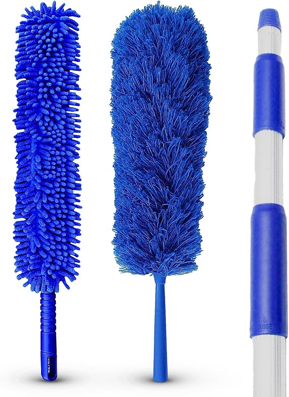 Blue Extension Rod Ceiling Duster with 18-20 feet Reach 3-Stage Aluminum Telescoping Pole - Cathedral, Cobweb, Microfiber, Ceilings Fan Duster Includes 2 Hand Dusting Kit