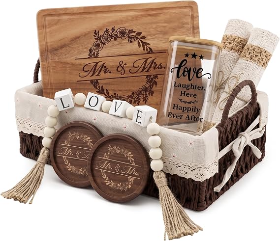 Mr and Mrs Wedding Gifts for Couple, Newlywed Gift Basket Set with Wooden Tray, Glass Jar, Coasters, LOVE Bead Garland and Linen Placemats, Bridal Shower Engagement Gifts for Newlyweds