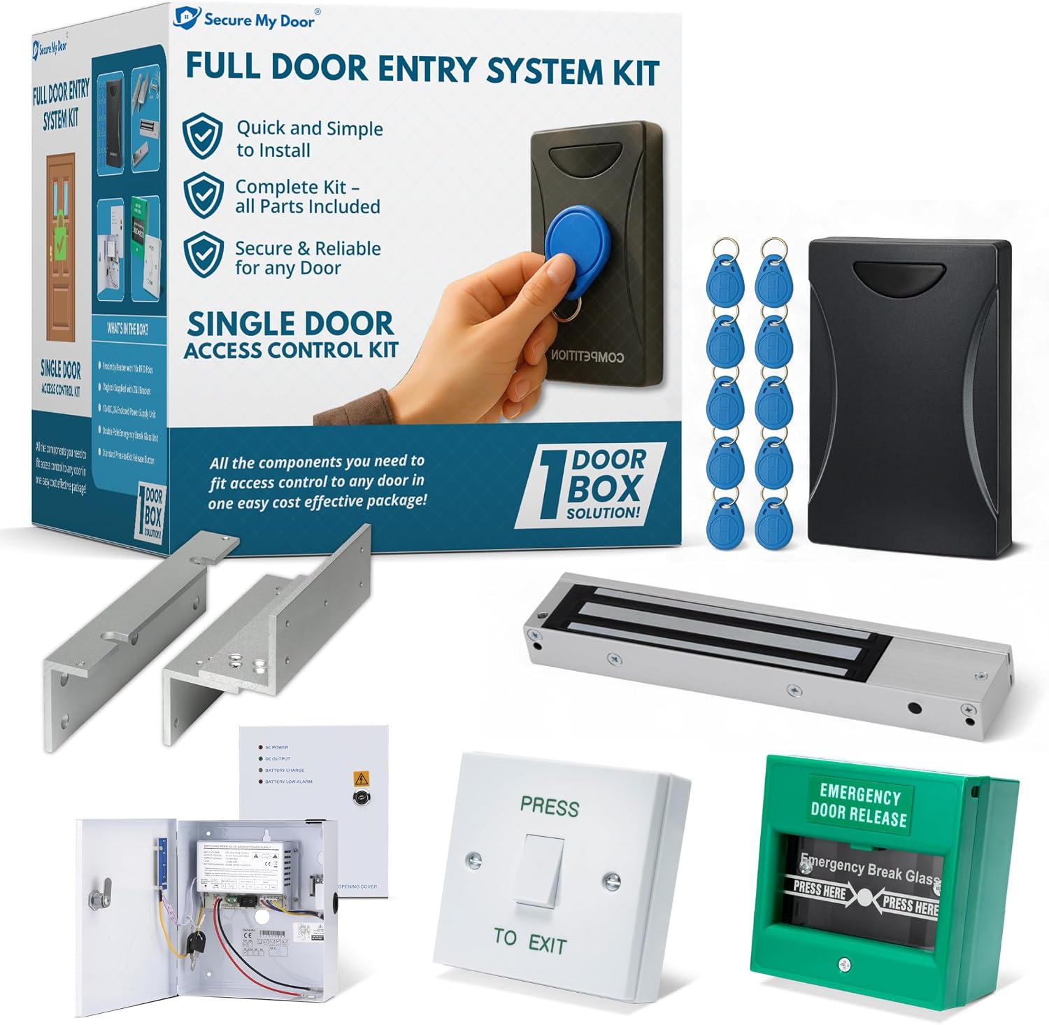SecureMyDoor - Full Door Entry Kit | Indoor Security System with Electric Maglock Magnetic Lock, Proximity Reader & RFID Fobs | Ideal for Commercial & Home Residential Access Control Door