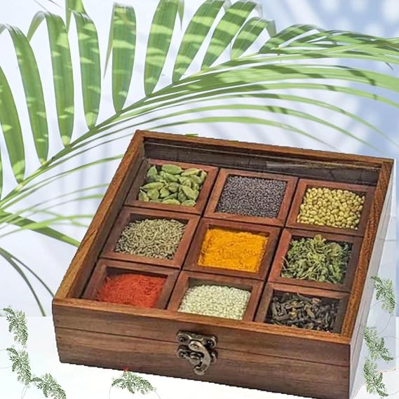 Masala Dabba Indian Wooden Spice Box with Glass Top and Spoon - Sheesham Rosewood (8 inch spice box)