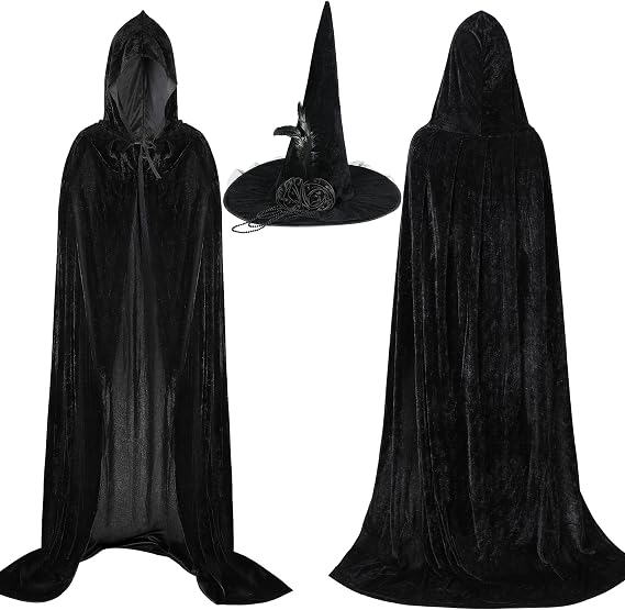 Enhon Hooded Cloak and Witch Hat Kit, Velvet Witch Costume Cape and Hat for Halloween Masquerade Renaissance Cosplay Costume