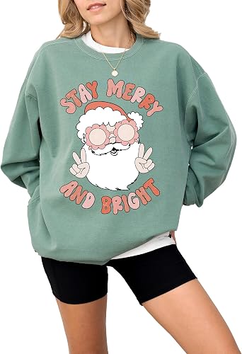 Merry and Bright Christmas Sweatshirt for Men, Women, Unisex Oversized Vintage Look Holiday Pullover, 80% Cotton, Fun Gift