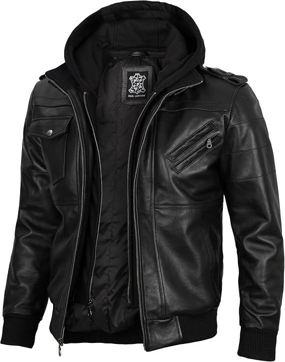 Blingsoul Mens Hooded Leather Jacket with Removable Hood, Biker Style Real Bomber Leather Jacket Men Wind Resistant Outerwear