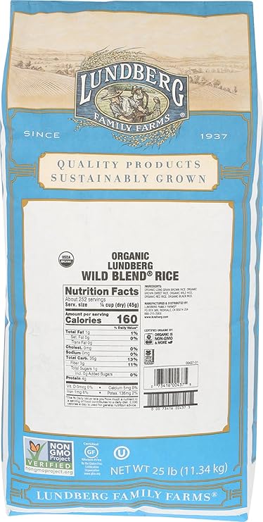Lundberg Organic Wild Blend Rice, Bulk Delicious Medley of Black, Brown, Red, Wild Whole Grains, Kosher Certified, (25 Lb)