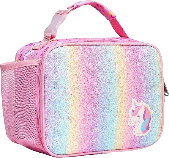 Bagseri Kids Lunch Bag for Girls - Insulated Kids Lunch Box for School | Water Bottle Pocket, Leak-Proof, Clip-on Handle, Kids Cool Bag for Packed Lunches, Picnics, Days out, Glitter Pink Unicorn