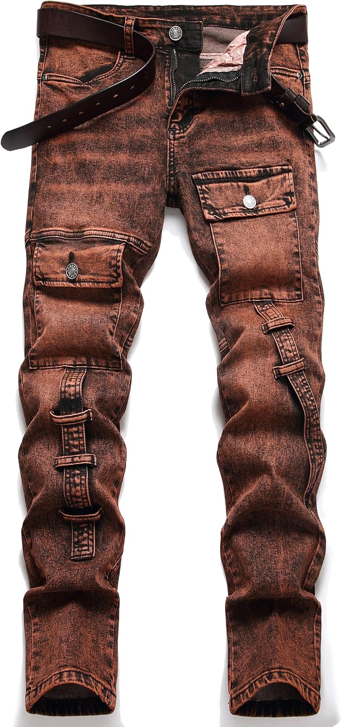XIMXIMMTIAN Mens Biker Moto Washed Distressed Slim Fit Straight Jeans Denim