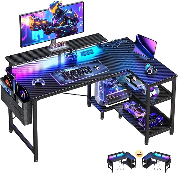 ODK 40 Inch L Shaped Gaming Desk with LED Lights, Power Outlets, Black