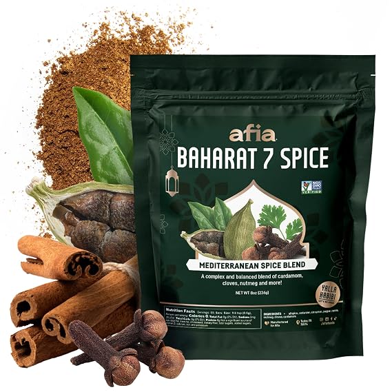 Afia Baharat 7 Spice Blend Premium Levantine Seasoning with Coriander, Cinnamon, Cloves, Black Pepper, Cumin & Cardamom Bold Middle Eastern & Mediterranean Flavor for Meats, Rice & Stews, 8 oz