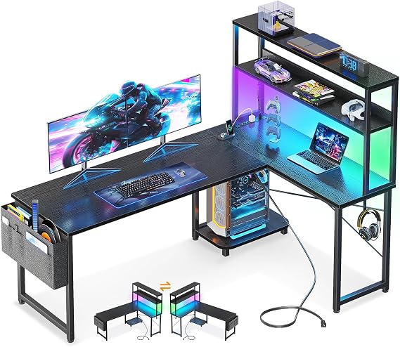 Casaottima 61 Inch Gaming Desk with Power Outlets & LED Lights, Reversible L Shaped Computer Desk with Shelves & Storage Bag, Corner Desk for Home Office, Black