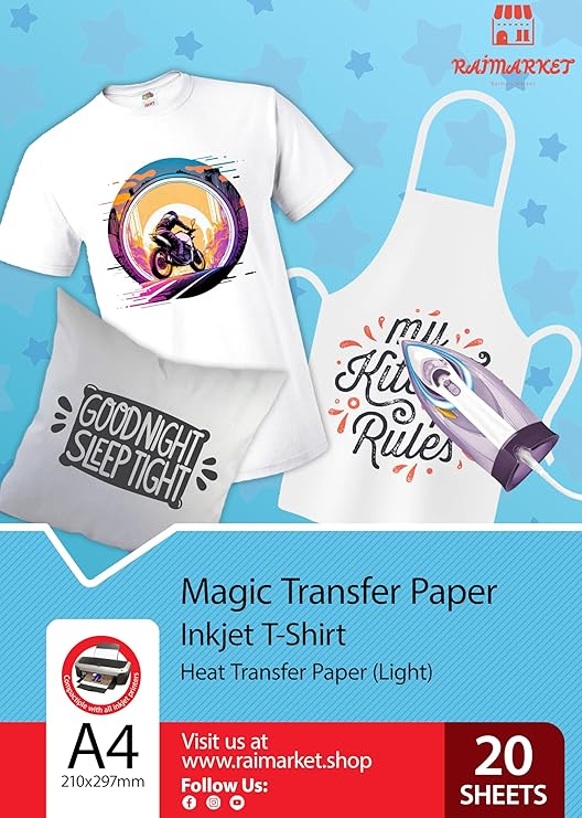 Premium Iron on Transfer Paper t-Shirt Printing for Light Fabrics, A4 20 Sheets, Printable Vinyl Iron on Transfers for Clothes, Best Heat Transfer Paper for White T-Shirts, Easy to Use