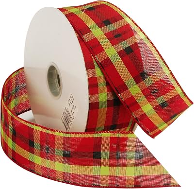 Morex Ribbon Gala Plaid Wired Fabric Ribbon, 2 12-Inch by 50-Yard Spool, RedLime 7419.6050-609