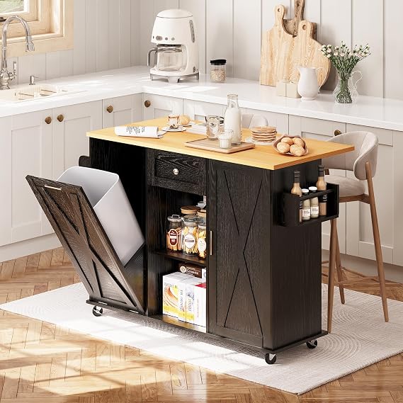 Rolling Kitchen Island with Drop Leaf & Trash Can Storage | Kitchen Island on Wheels with Spice Rack & Towel Rack, Mobile Island Table