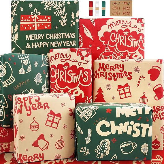 Gift Wrapping Paper Merry Christmas Wrapping Paper Xmas Gift Wrap Set for Holiday Present,Green Red Kraft Holiday Deer Trees Santa Snowman Winter Christmas Wrap New Year Gift Wrapper with Tags Ribbon