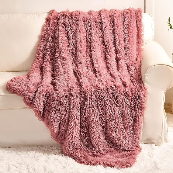 YUSOKI Long Faux Fur Throw Blanket, Pink,50" x 60"
