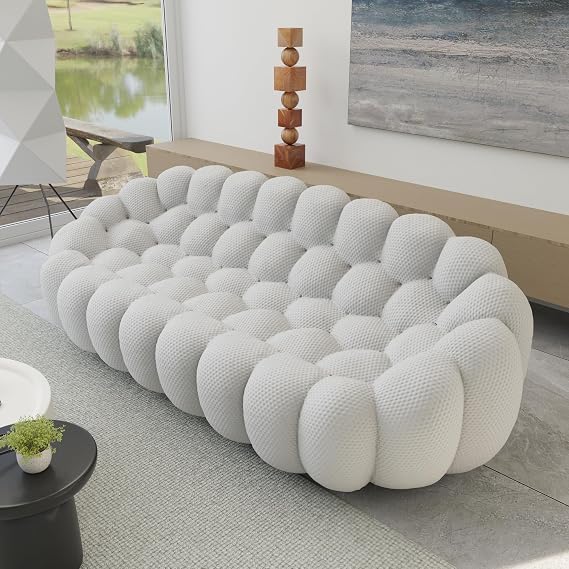 98.43'' Curved Couch, Comfy Upholstered Bubble Sofa, Mesh Fabric Floor Sofa, 3D Honeycomb Shape Modern Comfy Couch for Living Room, Apartment, Small Space, Light Grey