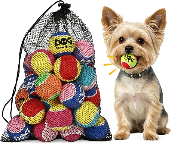 INSUM Squeaky Balls for Dogs, 2'' 24 Pack Squeaky Tennis Balls Small Dogs | Eye-Catching Color Toy Balls, Built-in Squeaker, Idea for Doggie Birthday Gift