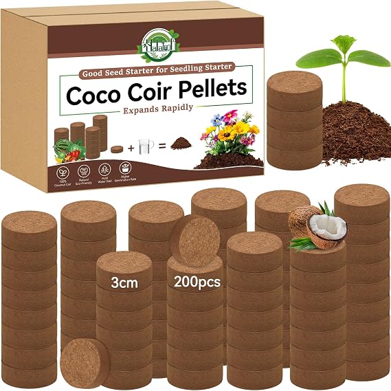 Halatool 200 Pcs 30mm Compressed Coco Coir Pellets, Seed Starter Soil | 100% Organic, Quick Expanding, Enhanced Aeration, Beginner-Friendly, Indoor/Outdoor Plants Bonsai Herbs Flowers Vegetables