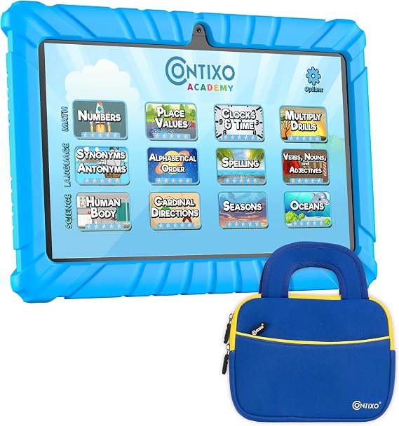 Contixo 7 inch Kids Tablet - V8 Tablet for Kids and Sleeve Bag Bundle, Age 3-7, Learning Tablet for Children with Teacher's Approved Apps, 32GB, Android 11, Parental Controls - Blue (Boy)
