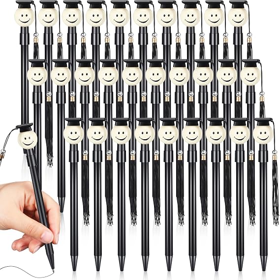 Pajean 30 Pieces 2026 Graduation Cap Ballpoint Pen with Tassels Happy Face Round Shaped Rollerball Pen 0.7 mm Black Gel Ink Lovely Present for Graduation Party Favors Gift Office Home Supplies(Black)