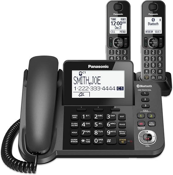 PANASONIC Bluetooth Corded / Cordless Phone System with Answering Machine, Enhanced Noise Reduction and One-Touch Call Block - 2 Handsets - KX-TGF382M (Metallic Black)