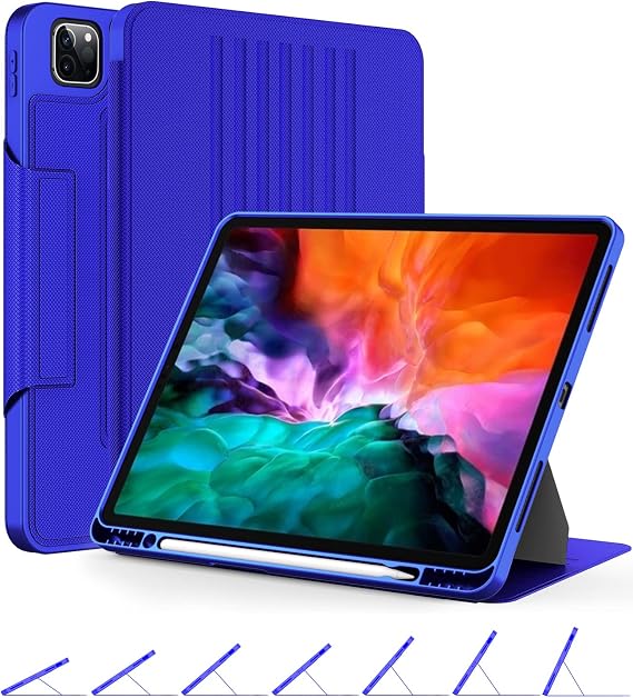 OCYCLONE Compatible with iPad Pro 12.9 Case 2021 2020 2018, 7 Viewing Angles Magnetic Stand with Pencil Holder Protective Case for iPad Pro 12.9 inch 5th 4th 3rd Gen, Blue
