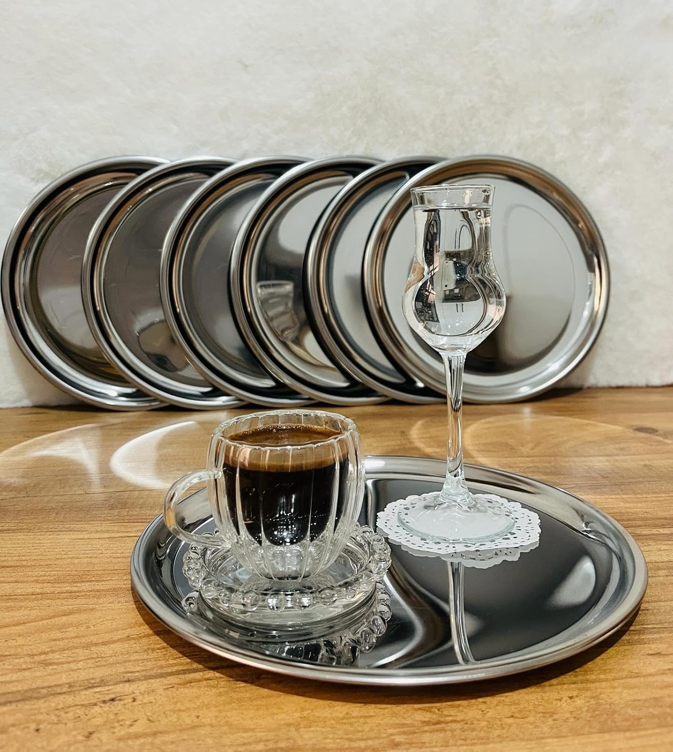 6 Pieces Luxury Silver Stainless Steel Round Tea, Coffee, Cake Serving Tray Presentation Tray 21.5 cm