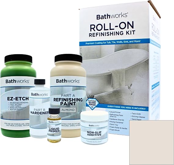 Bathworks Bathtub Refinishing Kit - Bundle- ALMOND- EZ Etch & Bathtub Refinishing; Non-Slip Protection; Tub; Tile; 16 oz. EZ Etch Porcelain, Ceramic, Etching Paste; 24 hour dry time; Resin Finish